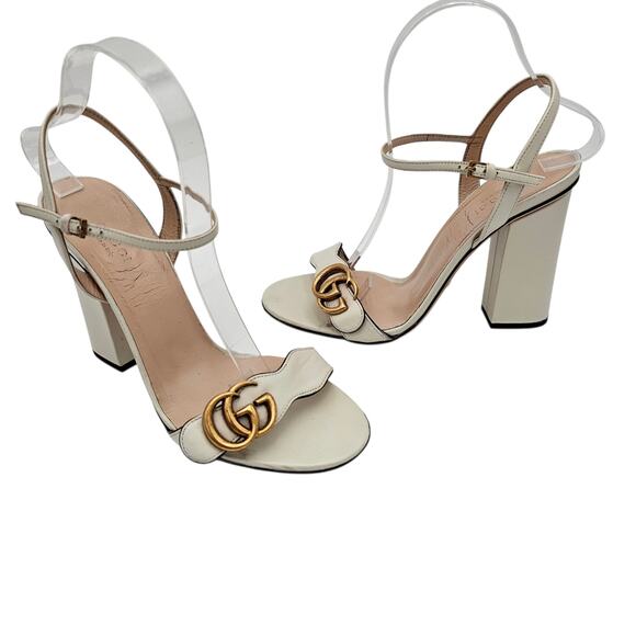 Gucci GG Logo Marmont Block High Heel Sandal White Leather Gold Size 38.5 US 8.5